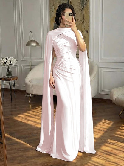 Fashionable Dark Navy Asymmetric Sleeveless Pleated Prom Dress With Scarf