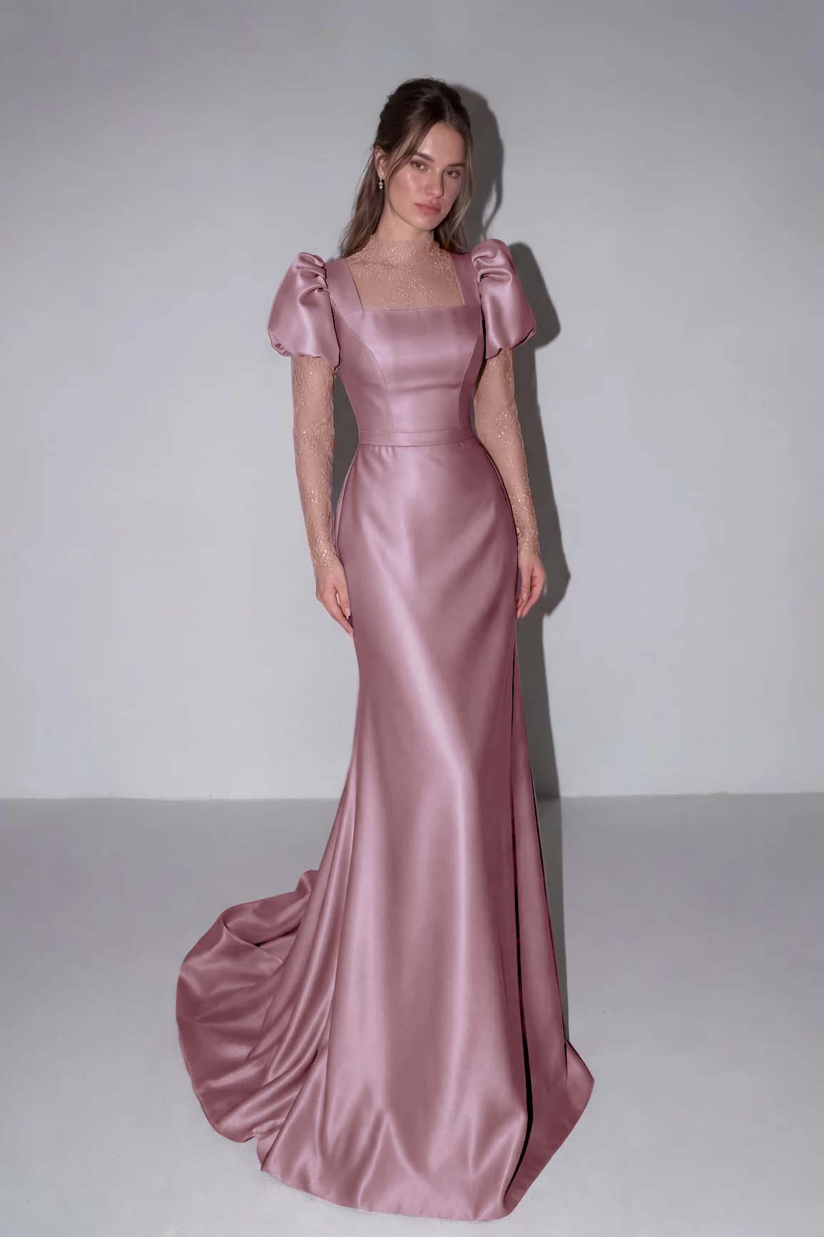 Lilac High Neck Mermaid Prom Dress Long Sleeves in Satin with Lace