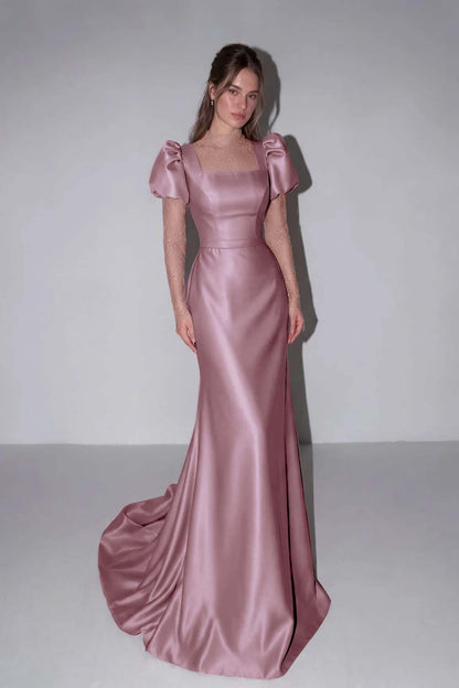 Lilac High Neck Mermaid Prom Dress Long Sleeves in Satin with Lace