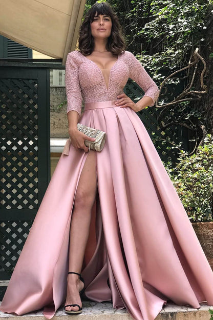 Elegant Deep V Neck 3/4 Sleeves Satin Prom Dress Long Split with Lace
