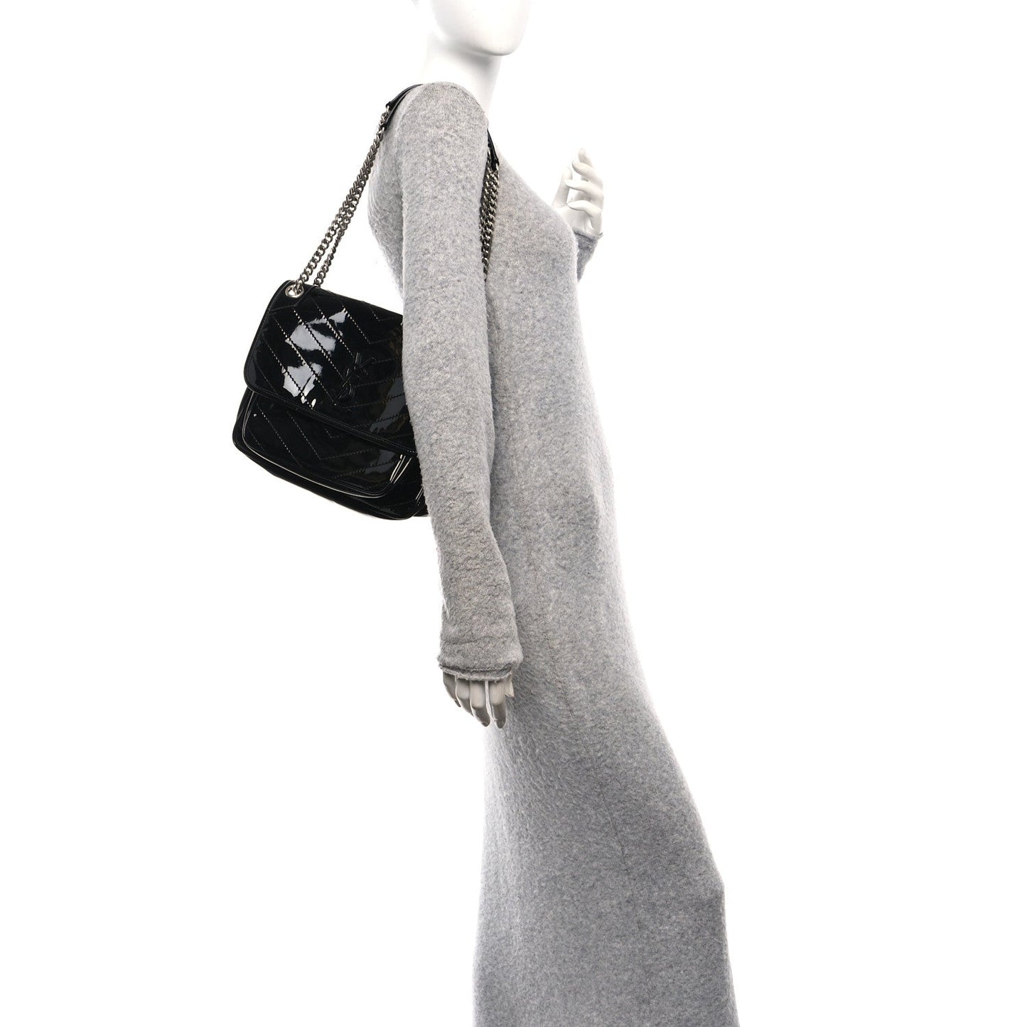 Faux Patent Matelasse Monogram Medium Niki Chain Satchel Black