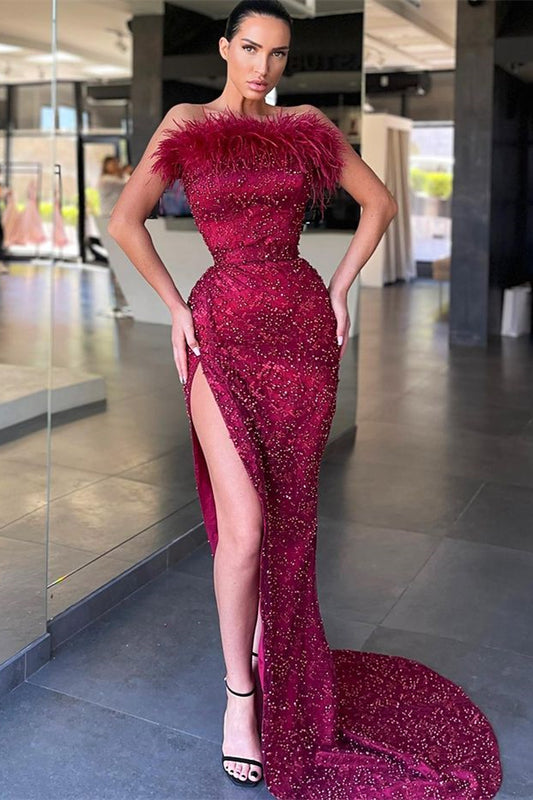 Beadings Sleeveless Mermaid Burgundy Slit Prom Dress With Feather
