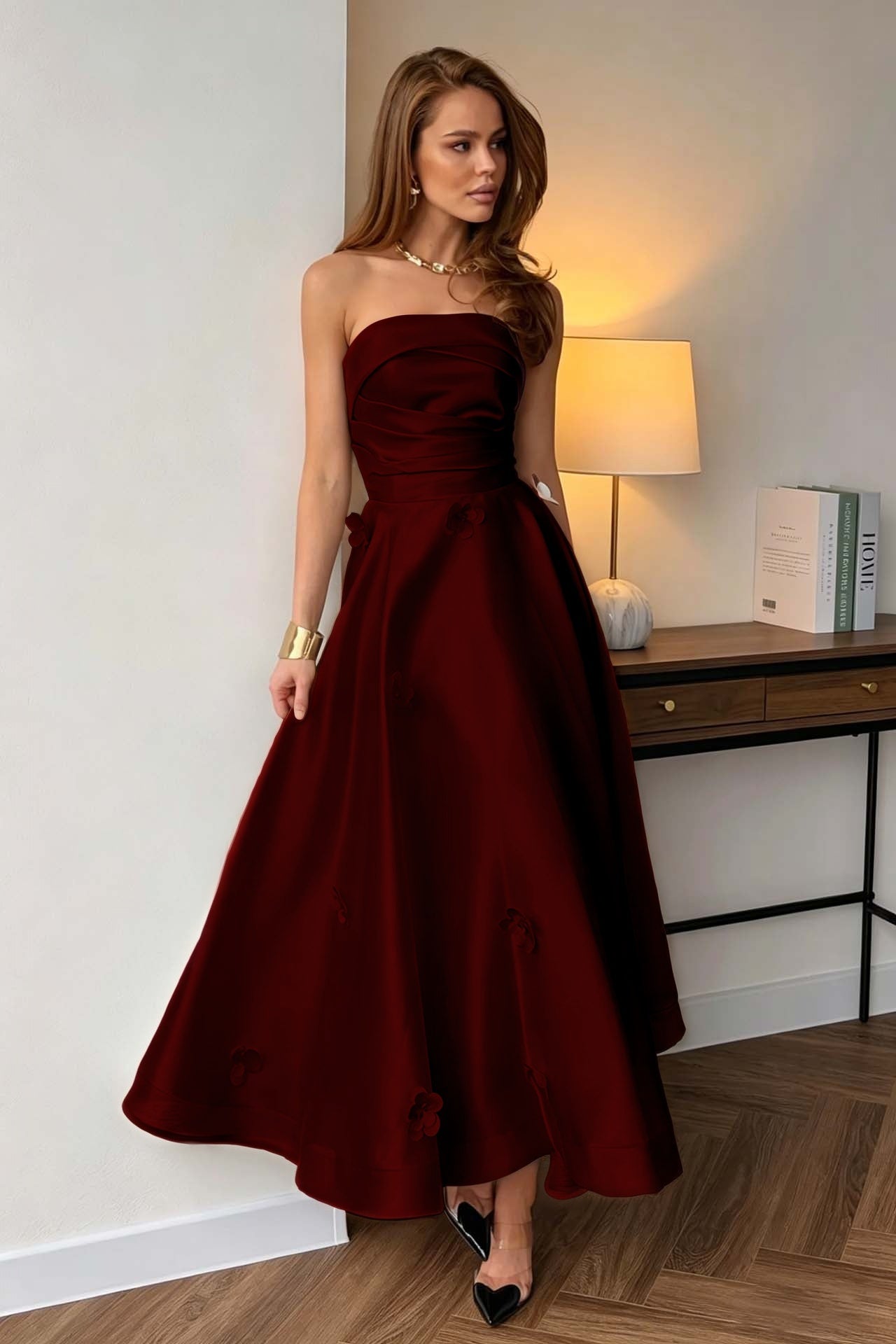 Black Strapless A-Line Evening Dress Sleeveless in Satin with Flower