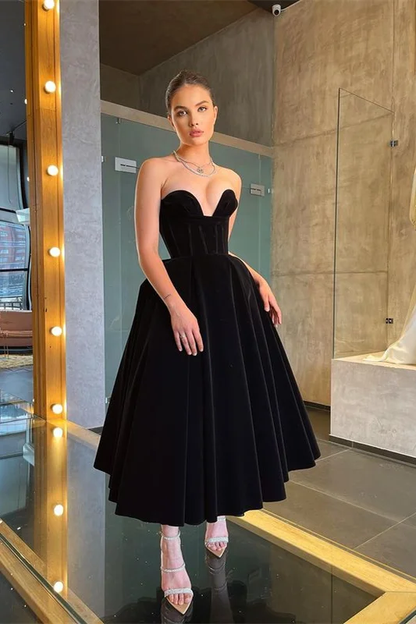 Long Black Little Black Dress Tea-Length Prom Dress