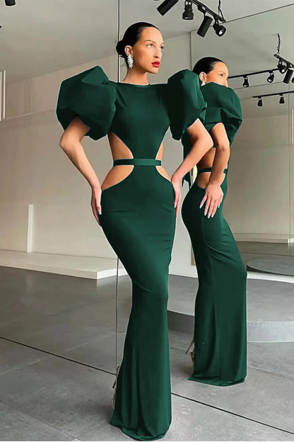 Shine Mermaid Puff Sleeves Evening Dress Online Black