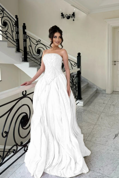 Elegant Pink Strapless Evening Dress A-Line Floor Length with Beading