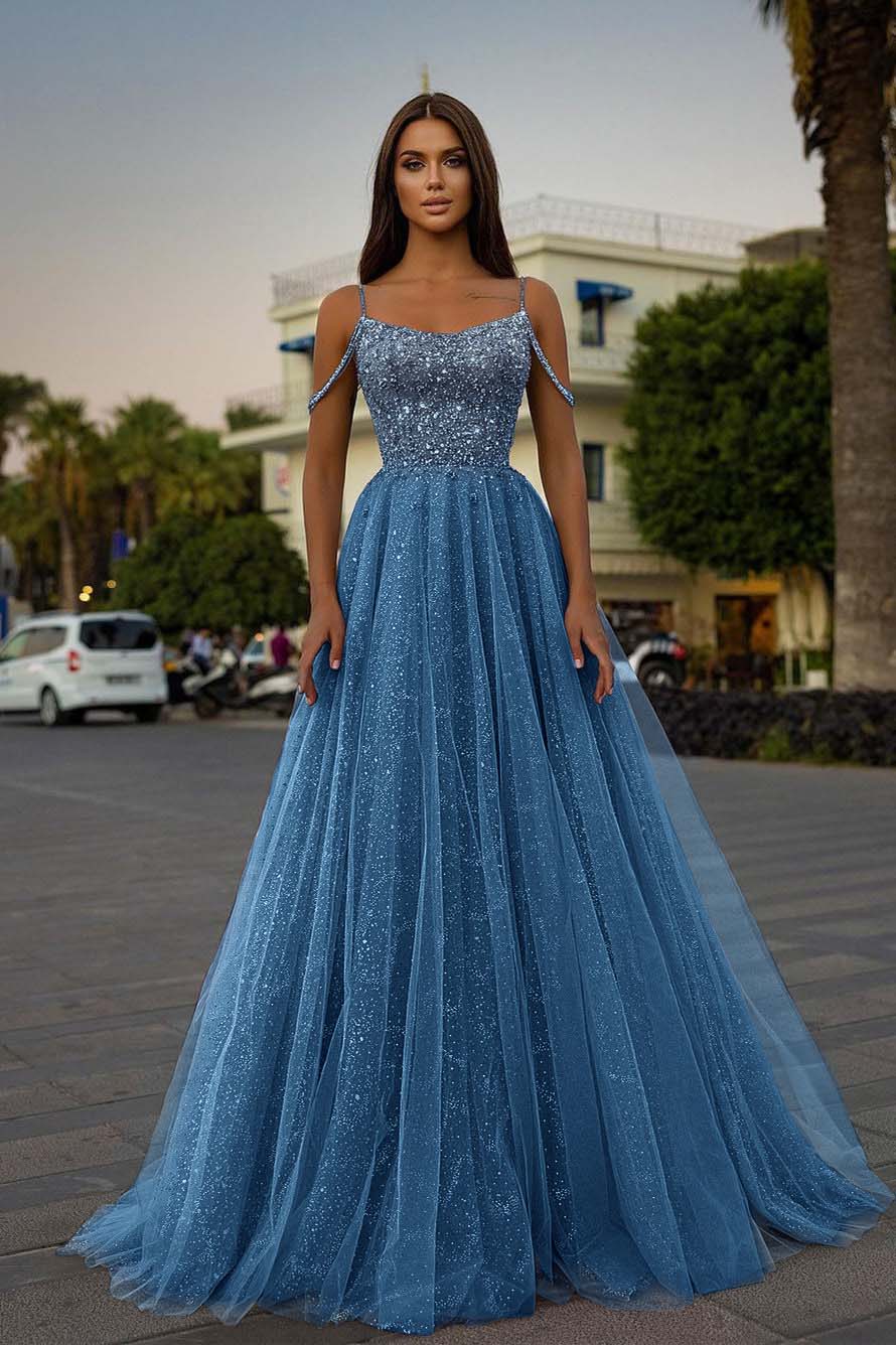 Tulle A-Line Long Spaghetti-Straps Prom Dress With Sequins Beads