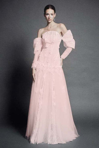 White Strapless Off-the-Shoulder A Line Evening Dress with Appliques