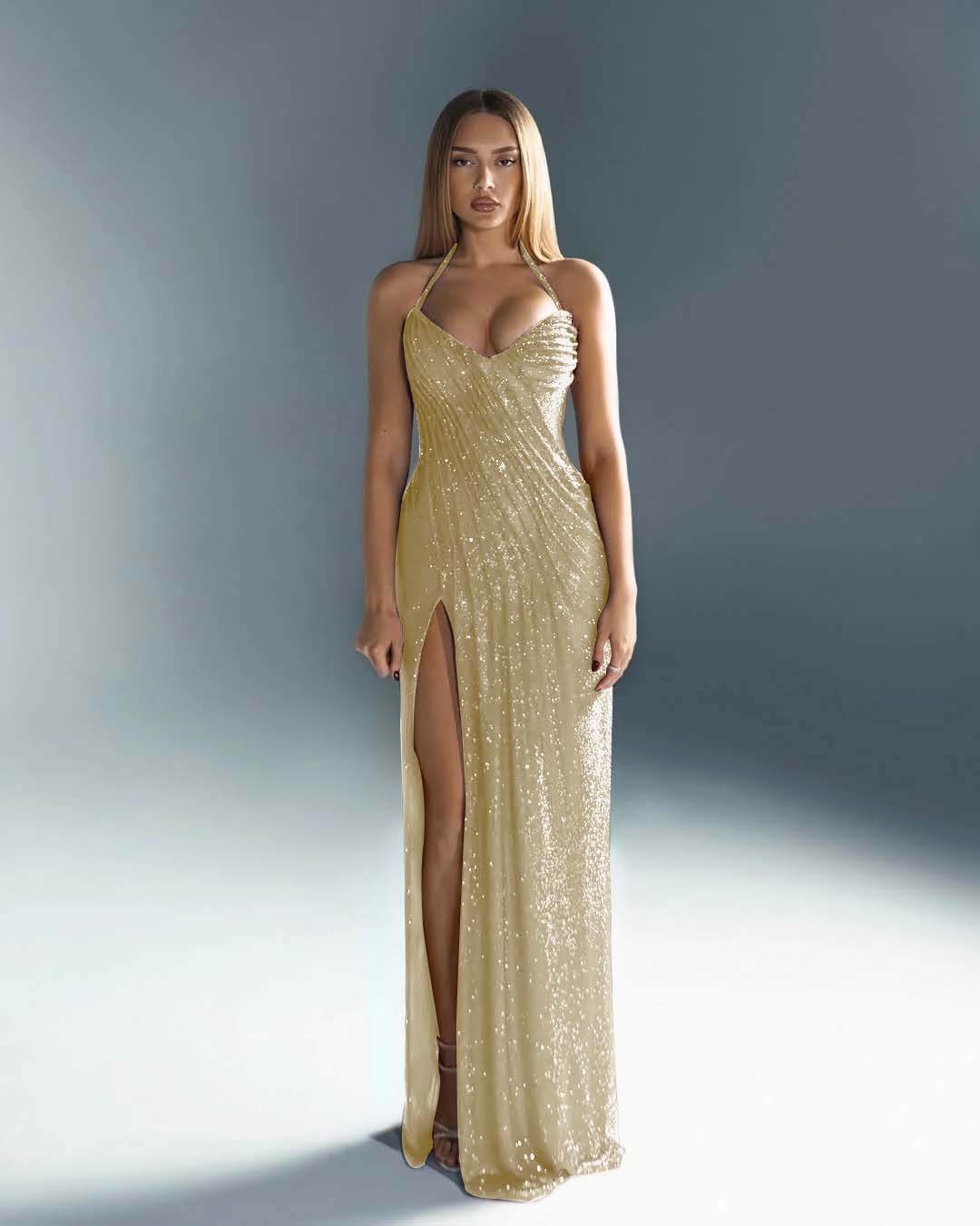 Sleeveless Halter Straps V-Neck Slit Prom Dress With Sequin