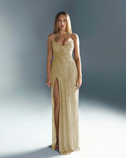 Sleeveless Halter Straps V-Neck Slit Prom Dress With Sequin