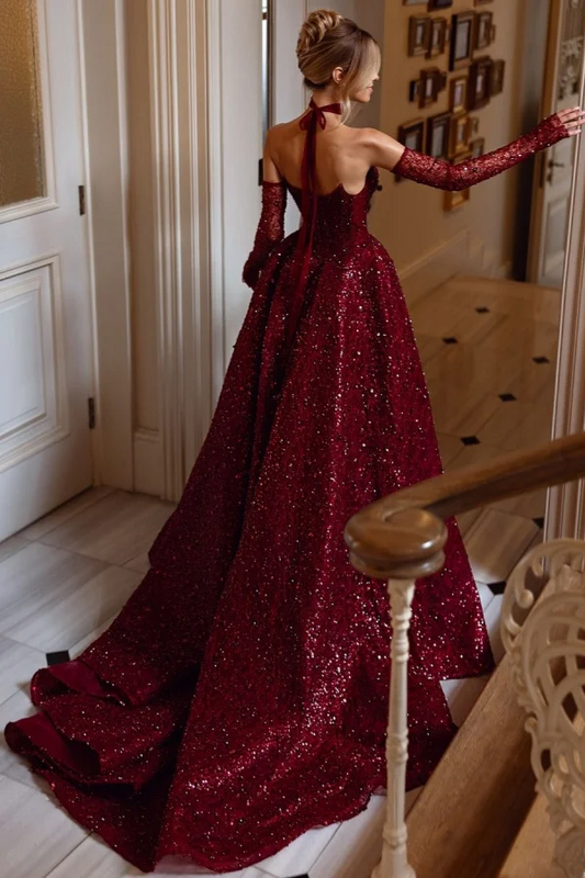 Burgundy Sleeveless Strapless V-Neck A-Line Beadeds Prom Dress With Gloves