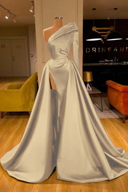 One Shoulder Slit Long Sleeves Prom Dress Overskirt