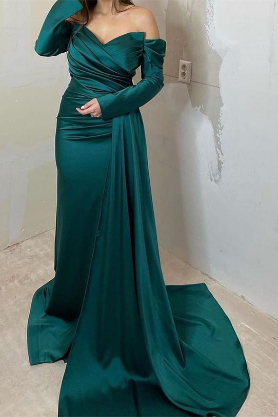 Sweetheart Long Sleeves Front Split Off-The-Shoulder Mermaid Evening Dress With Ruffle