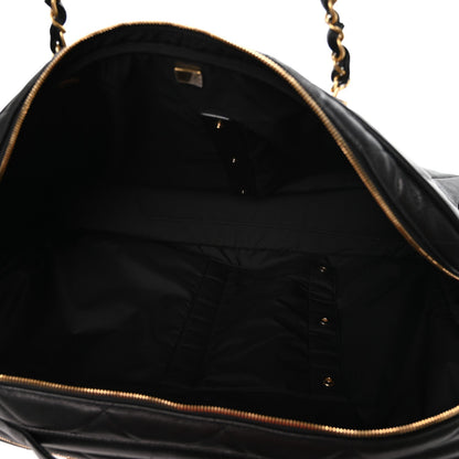 Shiny Grained Calfskin Quilted Large Travel Bowling Bag Black