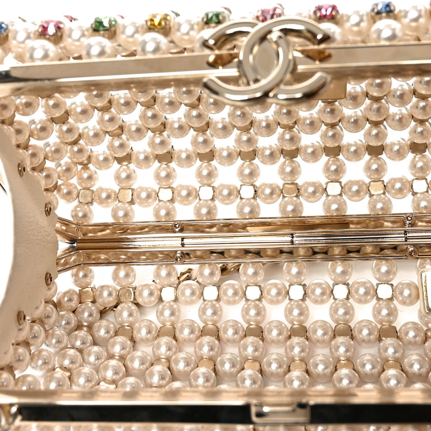 Metal Pearl Minaudiere CC Evening Bag White Gold Multicolor