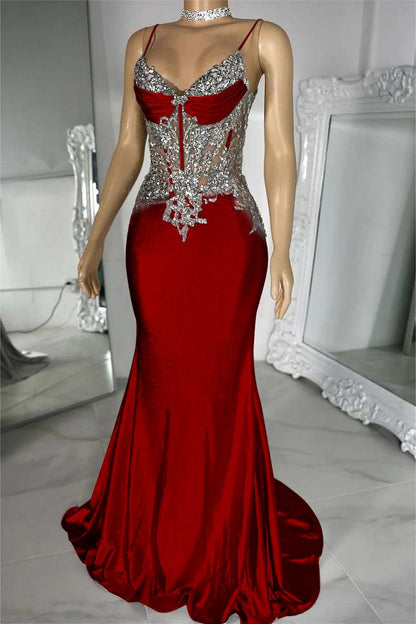 Spaghetti Strap Sleeveless V-Neck Mermaid Long Prom Dress With Sequins