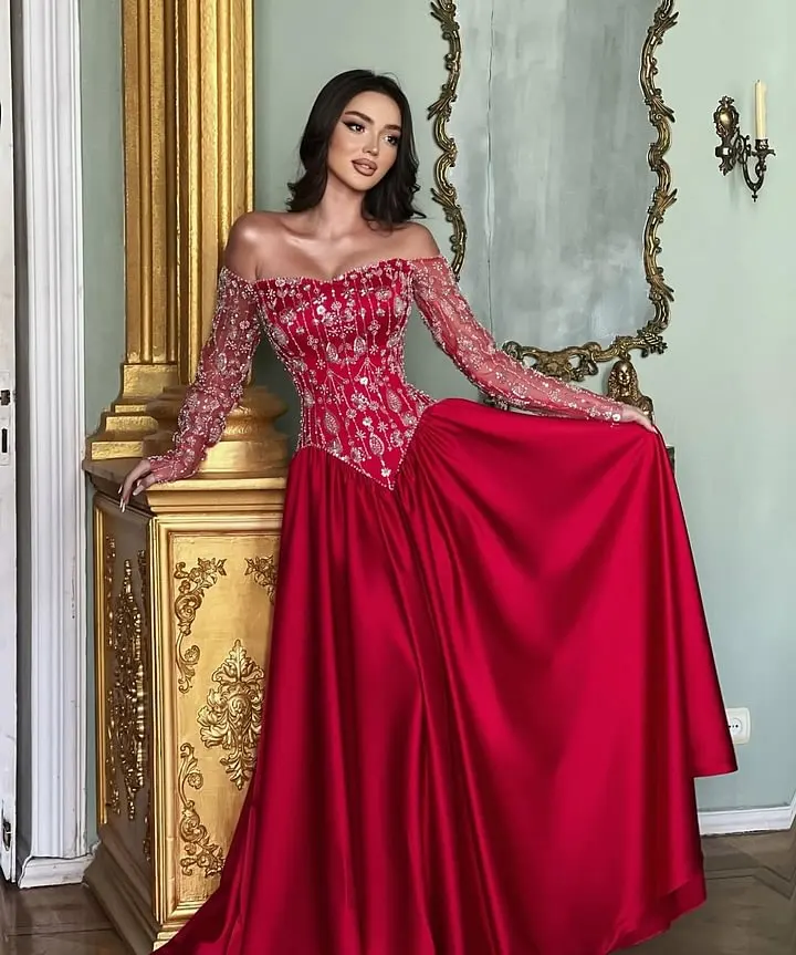 Stunning Red Bateau Neck Long Sleeves Beaded Evening Dress With Pleated