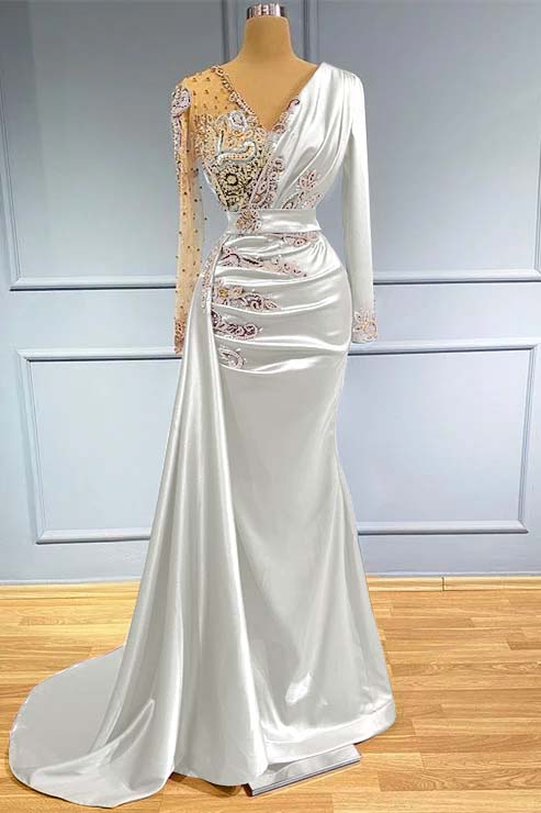 Long Sleeves Beadings Prom Dress V Neck Mermaid