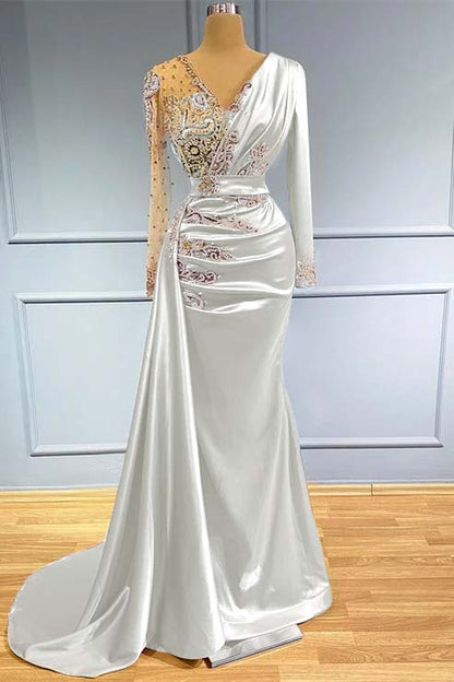 Long Sleeves Beadings Prom Dress V Neck Mermaid