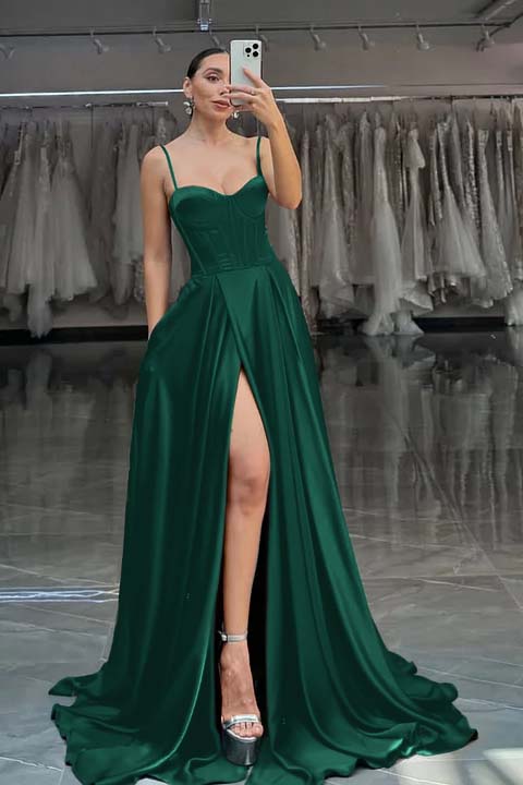 Red Spaghetti Straps A-Line Long Prom Dress With Pleated