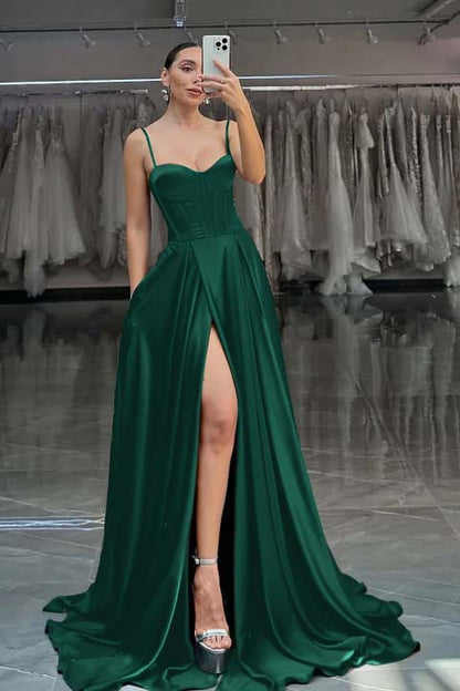 Red Spaghetti Straps A-Line Long Prom Dress With Pleated