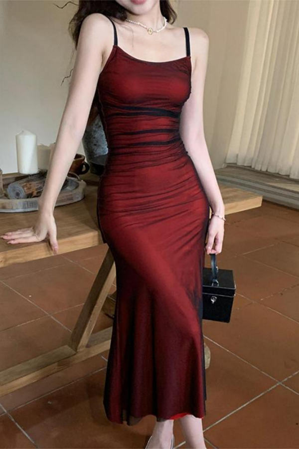Sexy Red Sleeveless spaghetti straps Chiffon Prom Dress