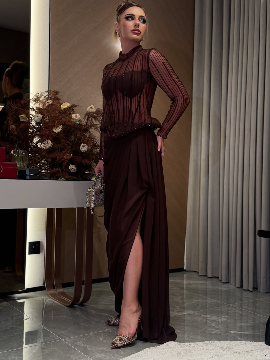 Exquisite Long Sleeves Beaded Mermaid Pleated Prom Dress With Slit