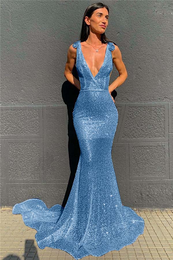 Deep V-Neck  Mermaid Prom Dress Open Back Sequins