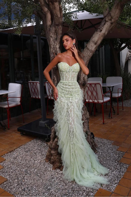 Luxury Mint Green Lace Sleeveless Strapless Sweetheart Tulle Prom Dress with Pleated