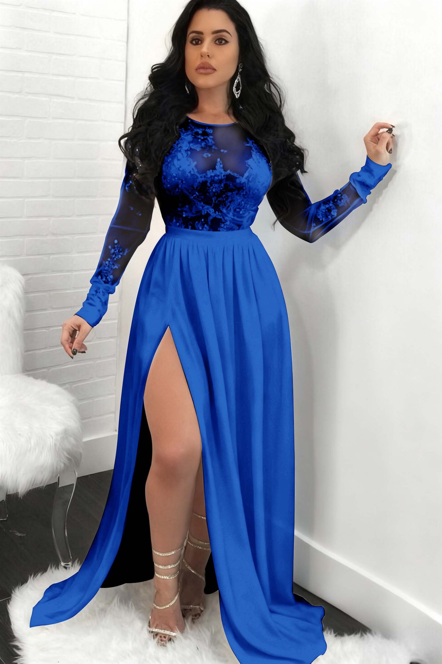 Sequins Long Sleeves Prom Dress Front Split