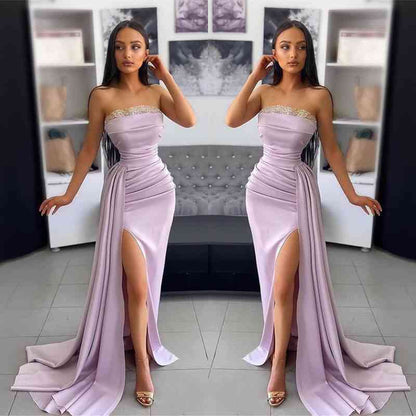 Purple Strapless Mermaid Side Split Prom Dress Ruffles With Appliques