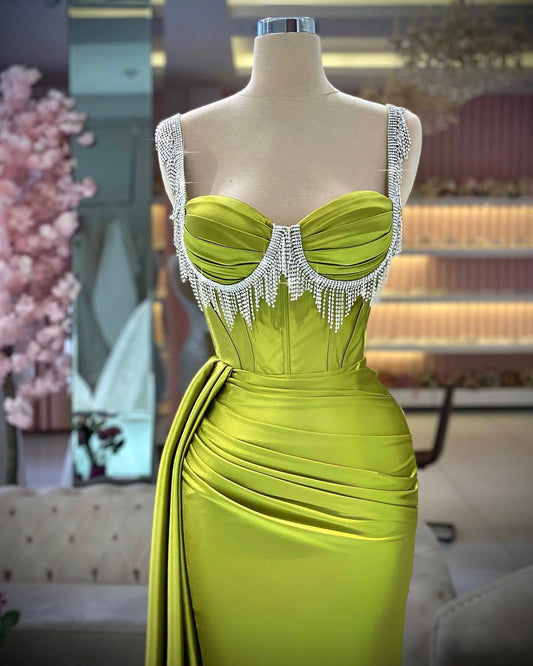 Elegant Green Sleeveless Straps Beadings Pleated Prom Dress
