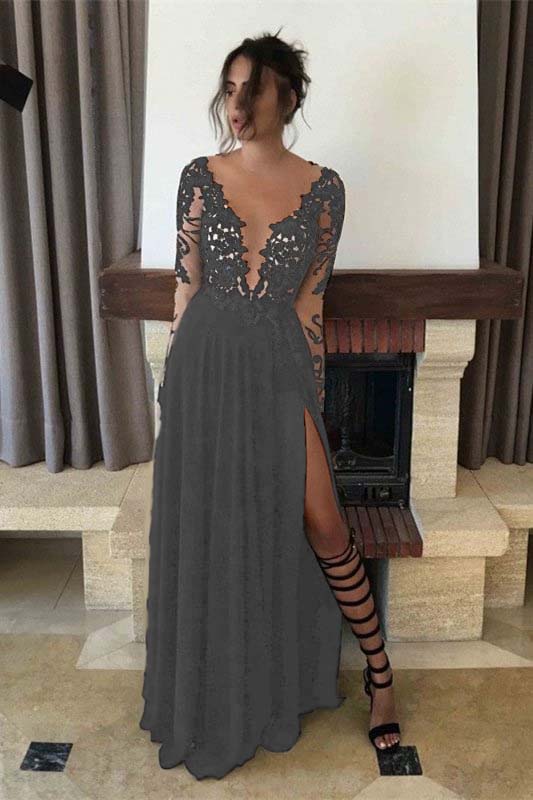 Black Long Sleeves Elegant Evening Dresses Slit