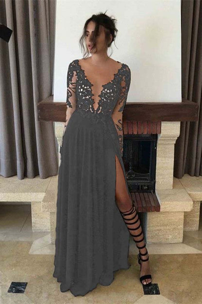 Black Long Sleeves Elegant Evening Dresses Slit