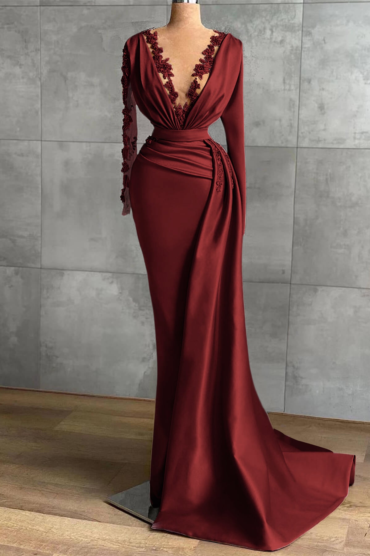 Lavender V Neck Ruffles Prom Dress Applique Mermaid With Long Sleeves