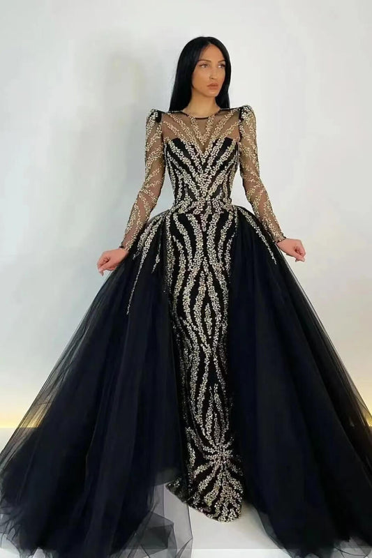 Black Mermaid Appliques Prom Dress With Detachable Ruffles Long Sleeves
