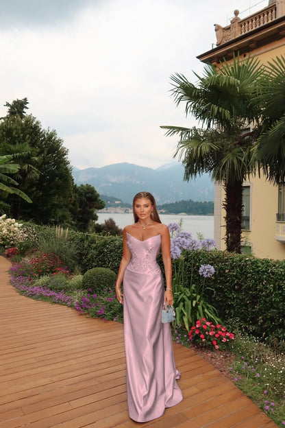 Sleeveless V-Neck Strapless Prom Dress With Appliques