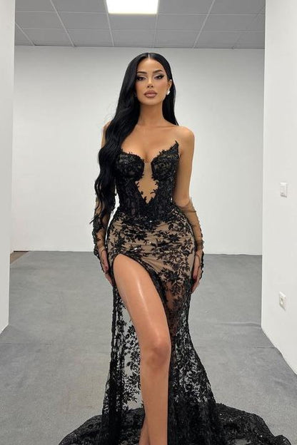 Charming Black Applique Lace Long Sleeves Strapless Long Prom Dress with Split