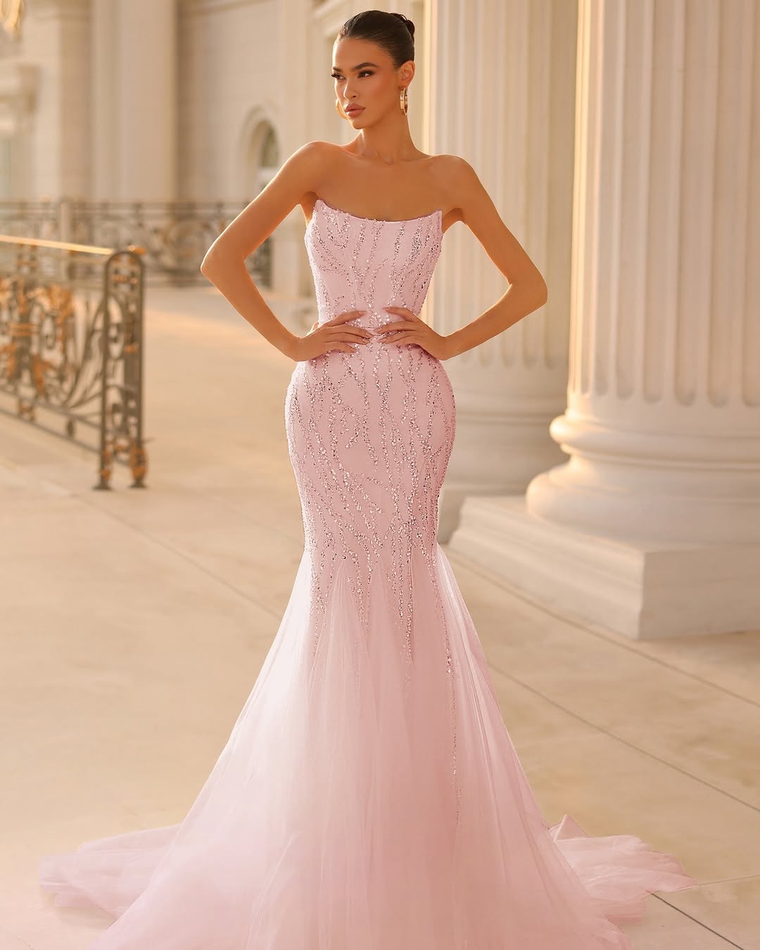Pink Sleeveless Strapless Beads Embroidery Mermaid Prom Dress