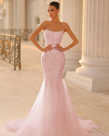 Pink Sleeveless Strapless Beads Embroidery Mermaid Prom Dress