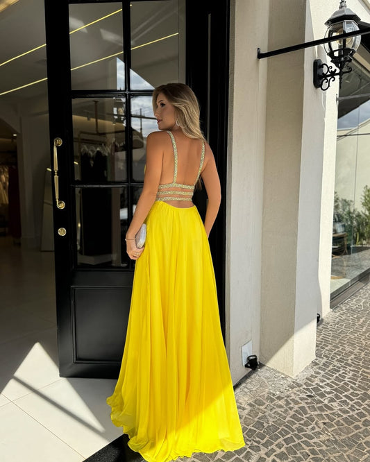 Yellow Sleeveless Deep V-Neck Mermaid Beads Prom Dress