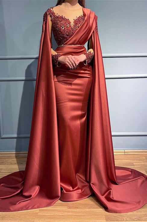 Rust Long Sleeves Beads Appliques Mermaid Evening Dress With Ruffles