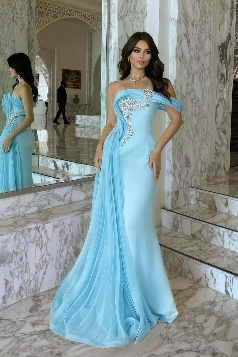 Elegant Pink Satin One Shoulder Beaded Strapless Prom Dress with Train