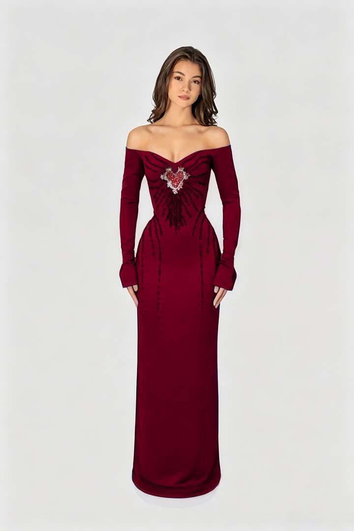 Enchanting Black Velvet Long Sleeves Strapless Evening Dress with Rhinestone