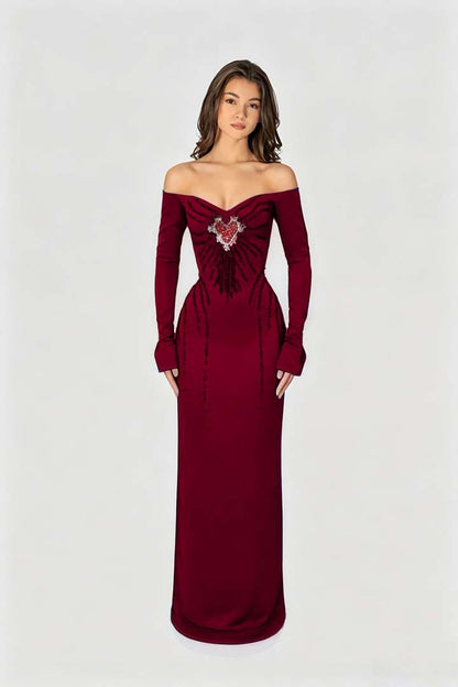 Enchanting Black Velvet Long Sleeves Strapless Evening Dress with Rhinestone