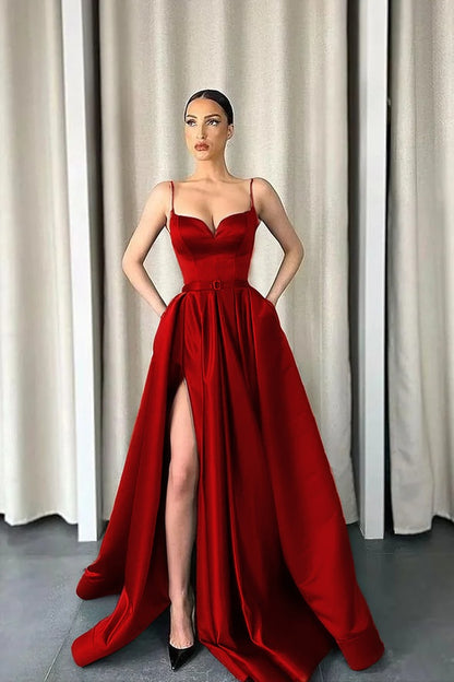 Dark Green Spaghetti-Straps A-Line V-Neck Long Prom Dress With Split