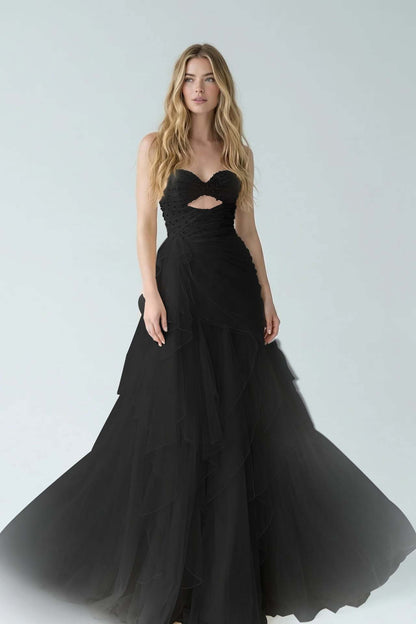 White Sweetheart A-Line Evening Dress Floor Length Pleated with Rhinestone