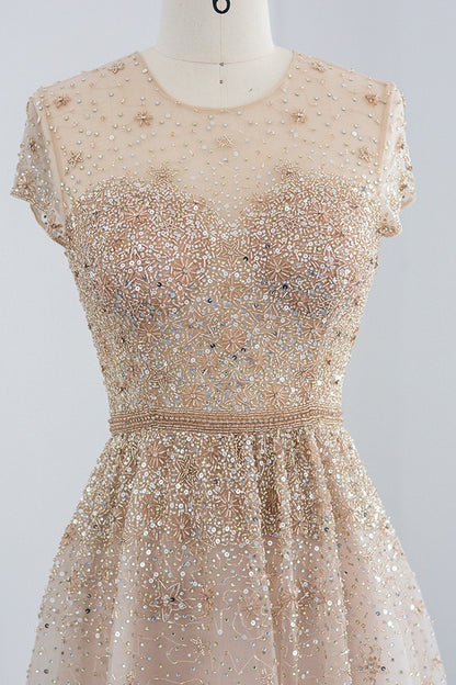 Glamorous Jewel Neck A Line Evening Dress Tulle With Appliques Sequins