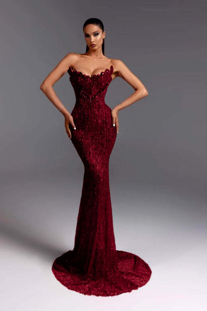 Sleeveless Strapless V-Neck Beads Mermaid Prom Dress