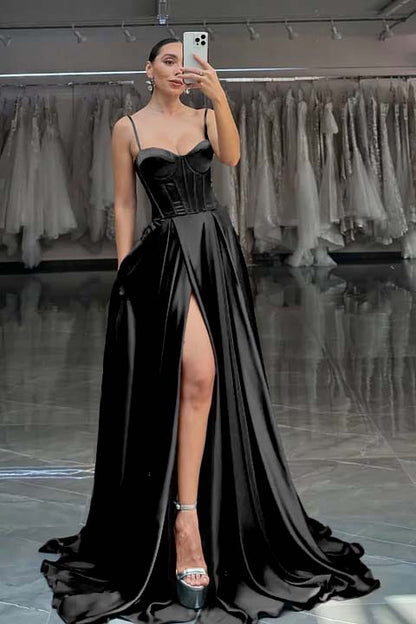 Red Spaghetti Straps A-Line Long Prom Dress With Pleated